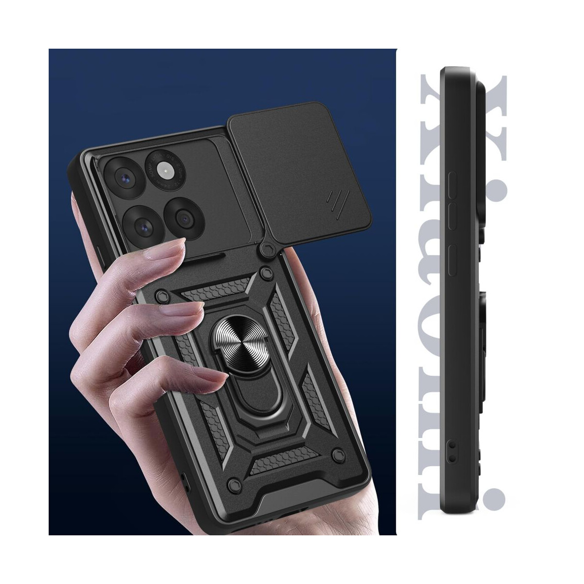 Eine Hand hält eine schwarze Handyhülle mit Kameraabdeckung. Die Hülle hat einen Ringhalter und ein strukturiertes Design. Der Hintergrund ist blau.