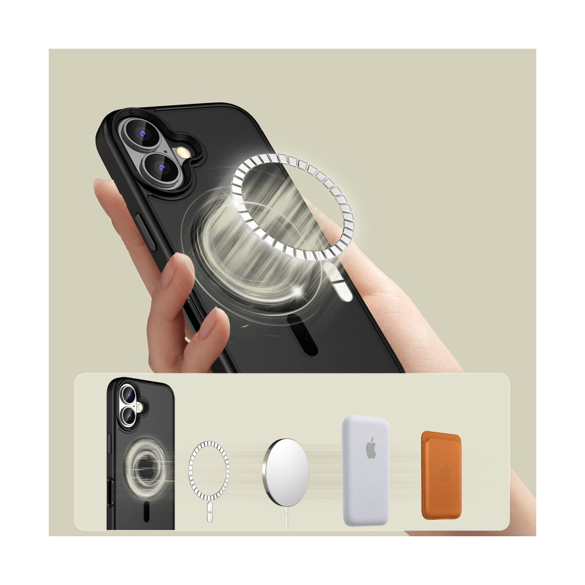 Eine Hand hält ein schwarzes Telefon mit einem Magnetring. Unten sind Telefonzubehör: ein Ladering, ein Ladegerät, eine weiße Powerbank und eine braune Geldbörse.