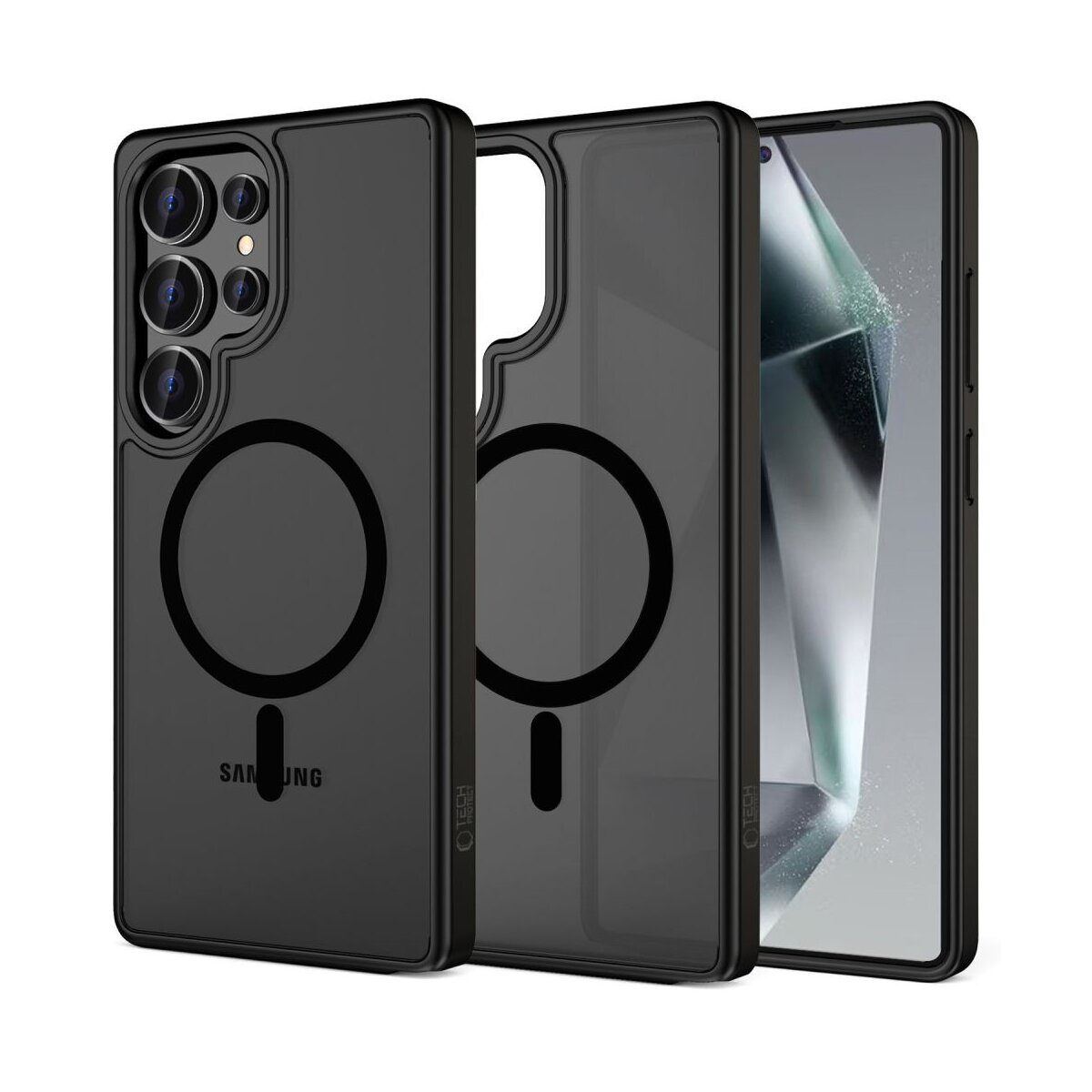 Drei schwarze Handyhüllen, eine mit Telefon. Die Hüllen haben Kameraausschnitte und Magnetkreise. Samsung-Logo sichtbar.