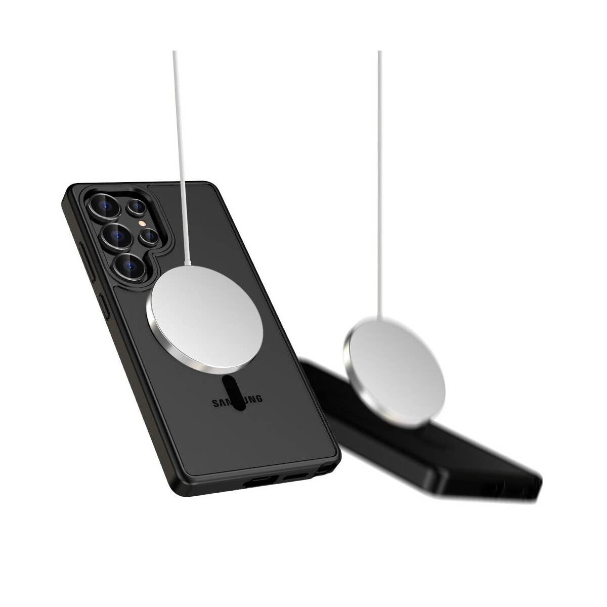Ein schwarzes Samsung-Handy mit einem silbernen magnetischen Ladegerät schwebt in der Luft. Ein weiteres Ladegerät befindet sich im Hintergrund.