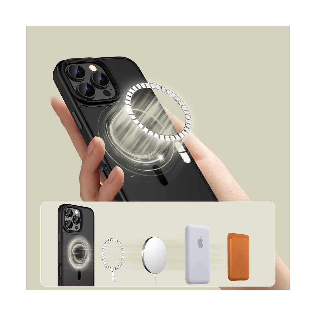 Eine Hand hält ein schwarzes iPhone mit einer transparenten Hülle. Ein silberner Ring schwebt über dem Telefon. Darunter Zubehör.