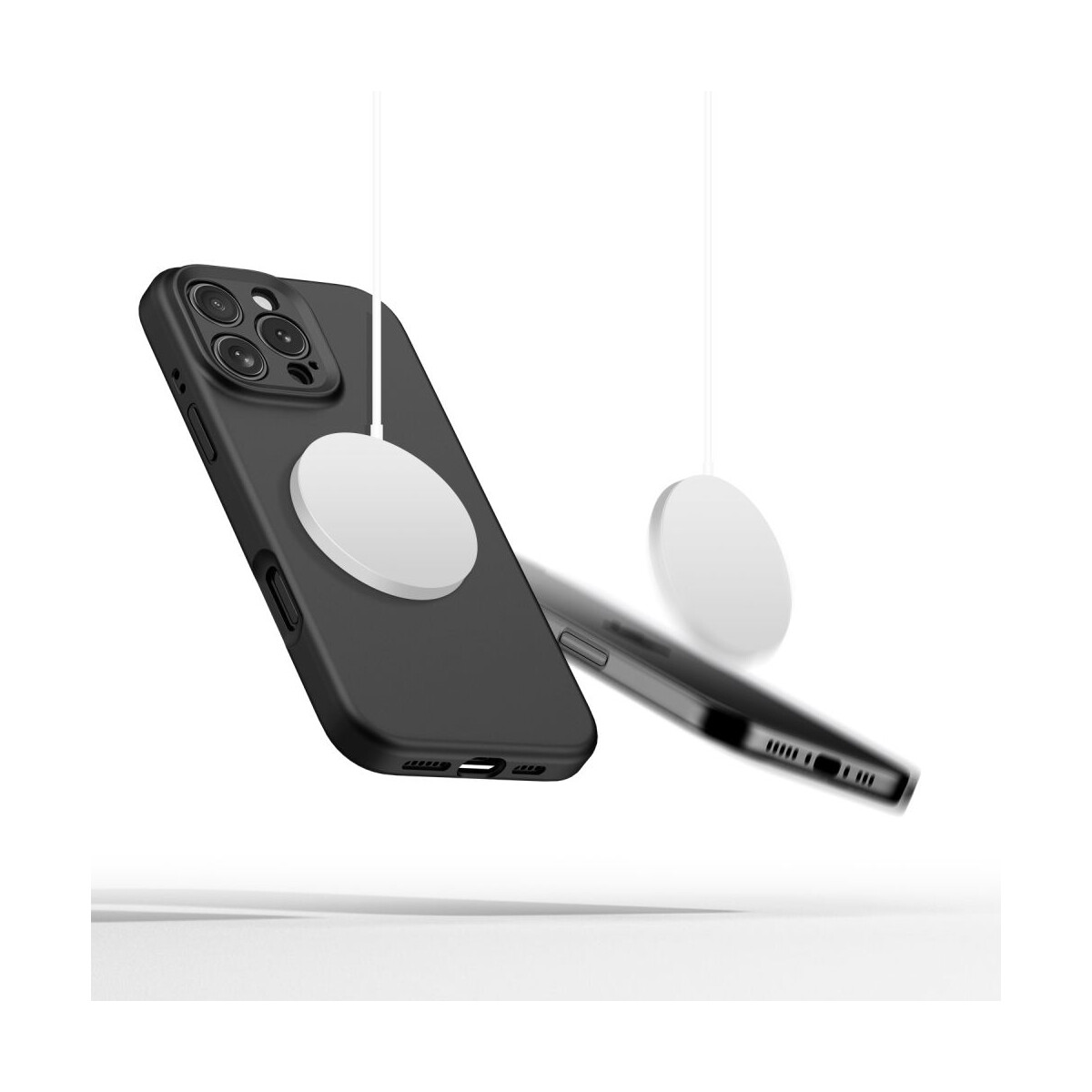 Schwarze Handyhülle mit befestigtem weißem MagSafe-Ladegerät und ein weiteres, das herunterfällt. Weißer Hintergrund.