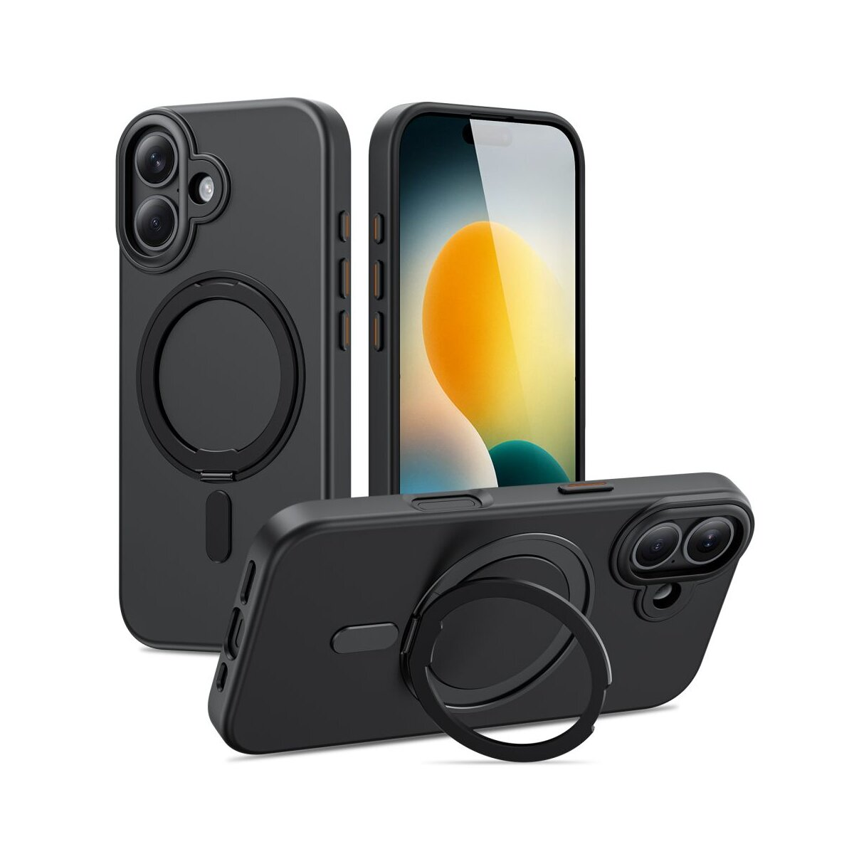 Drei schwarze Handyhüllen, eine mit Telefon, zeigen einen Ringhalter. Die Hüllen sind vor weißem Hintergrund, der Details hervorhebt.