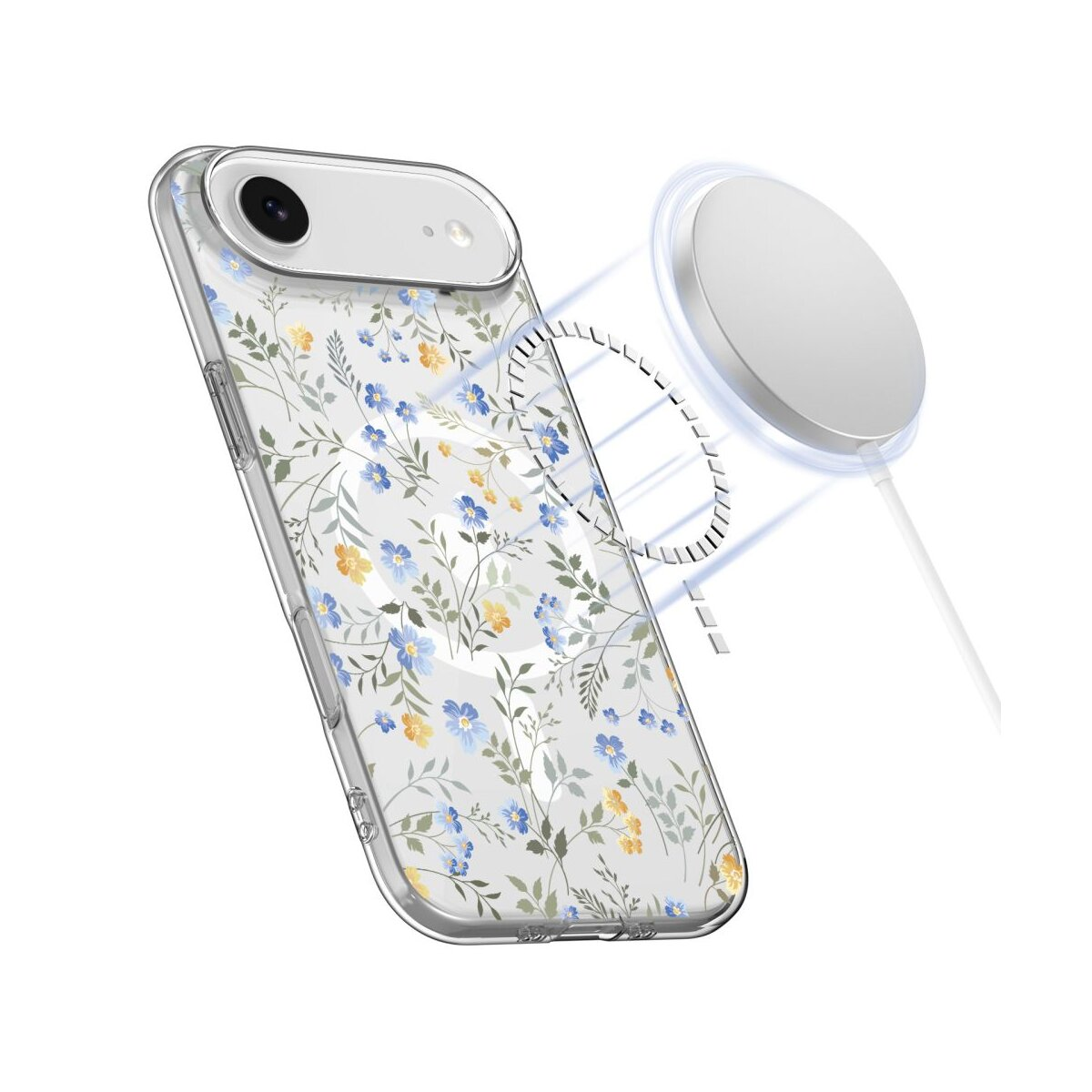 Ein Telefon in einer transparenten Hülle mit blauem und gelbem Blumendesign neben einem kabellosen Ladegerät. Weißer Hintergrund.