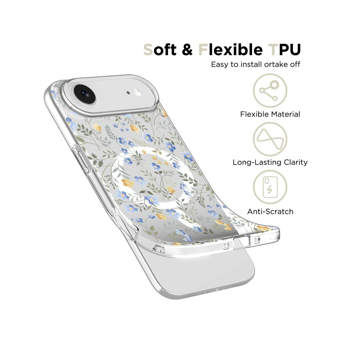 Eine transparente Handyhülle mit floralem Design, die 'Soft & Flexible TPU' zeigt. Sie hat Funktionen wie flexibles Material und Anti-Kratz.
