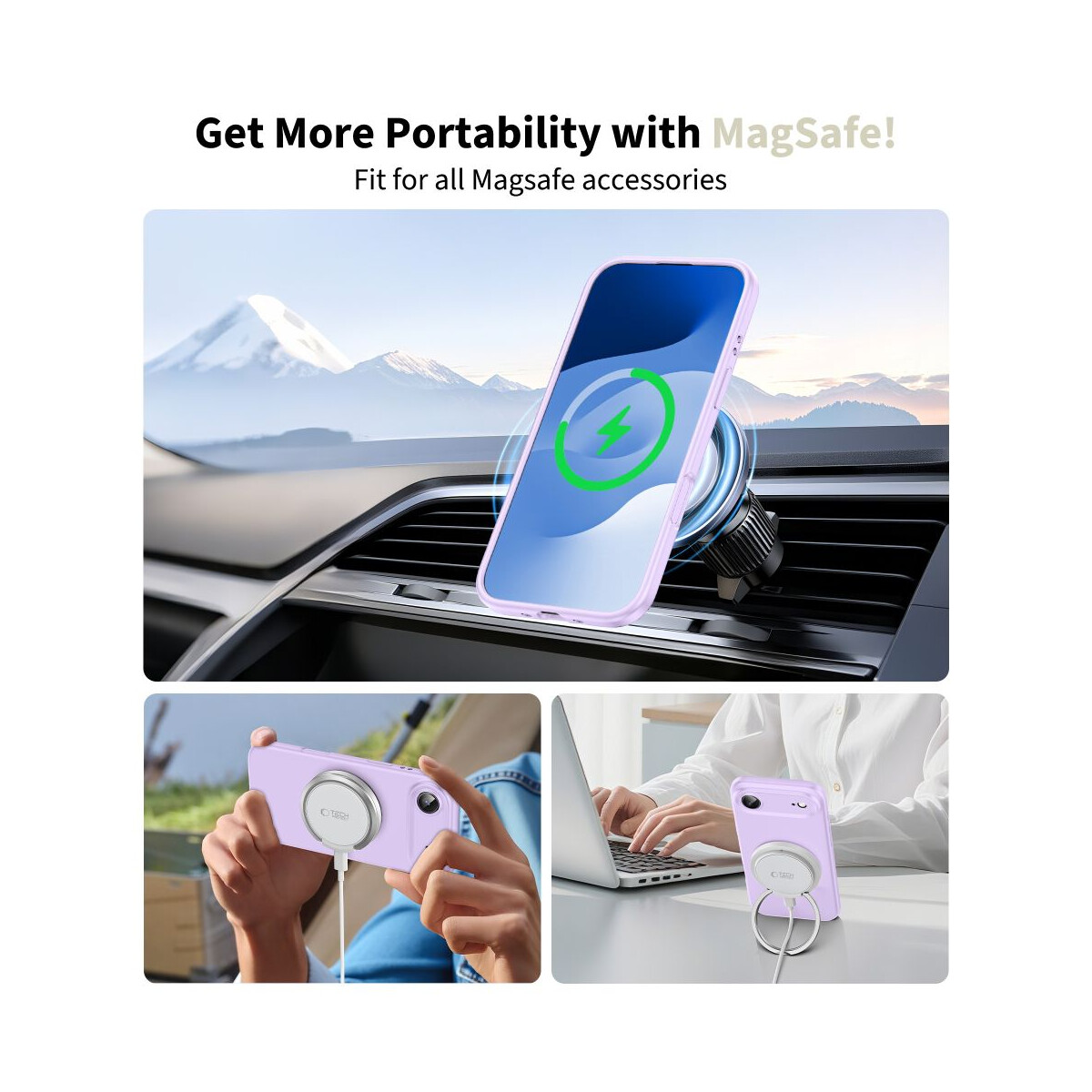 Das Bild zeigt ein Telefon mit MagSafe-Ladegerät im Auto, gehalten von einer Person und auf einem Schreibtisch.