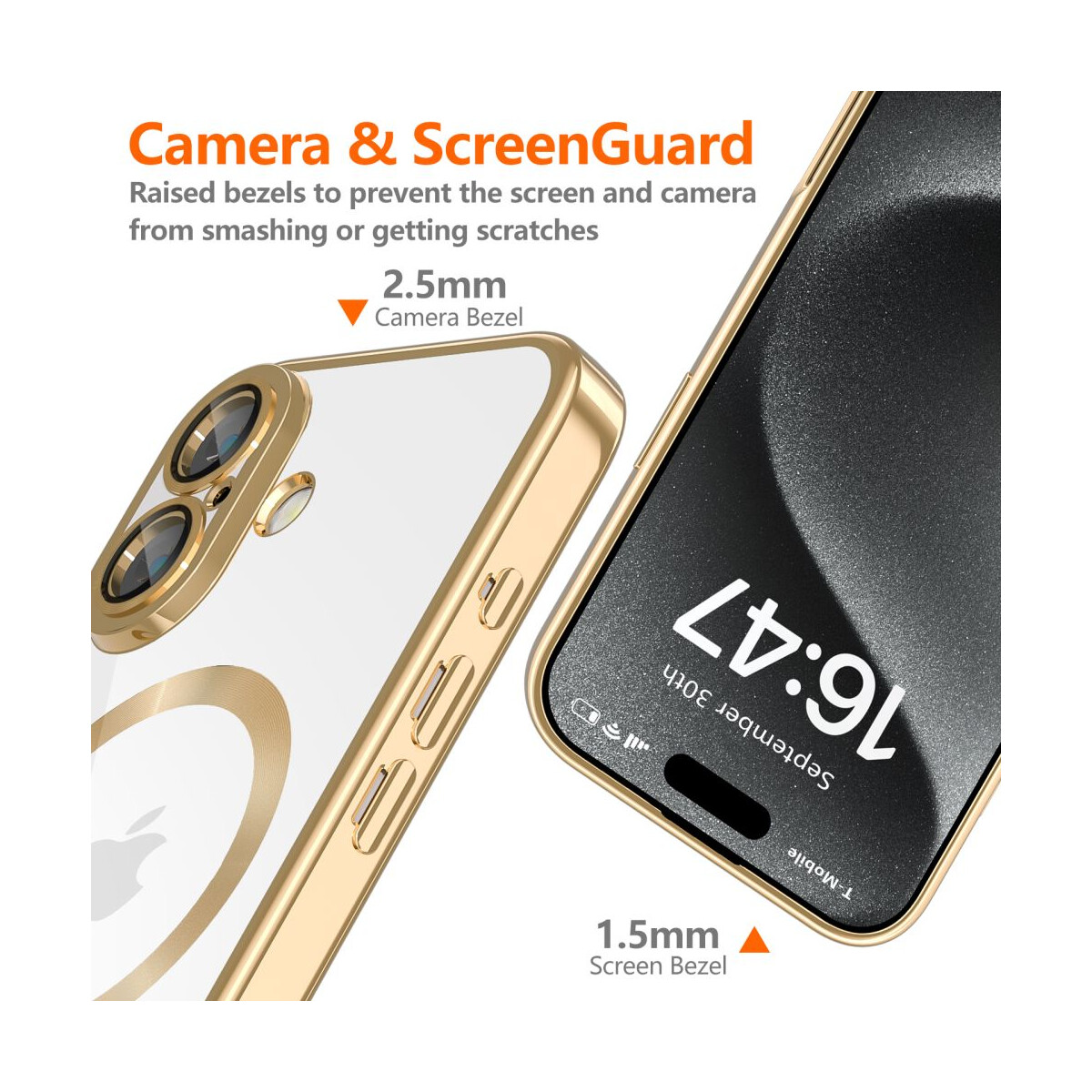 Gezeigte Handyhülle mit goldenen Rändern. Rechts ein Telefonbildschirm. Die Hülle hat erhöhte Blenden. Text: 'Camera & ScreenGuard'.