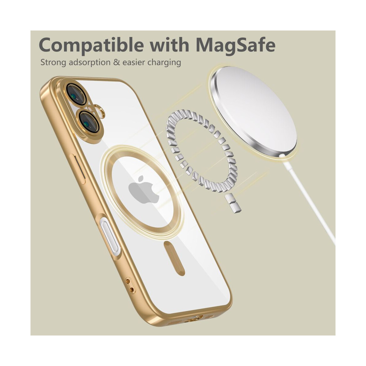 Gezeigte goldene iPhone-Hülle mit weißer Rückseite und MagSafe-Ladegerät. Die Hülle hat eine transparente Rückseite mit Apple-Logo.