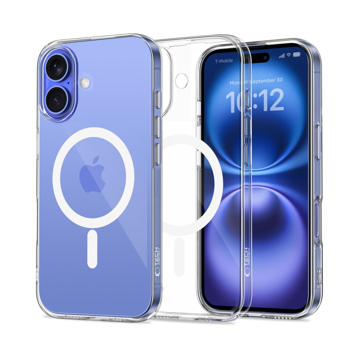 Drei transparente Handyhüllen, eine mit einem blauen Telefon. Die Hüllen haben kreisförmige Magnetumrisse und ein Apple-Logo.