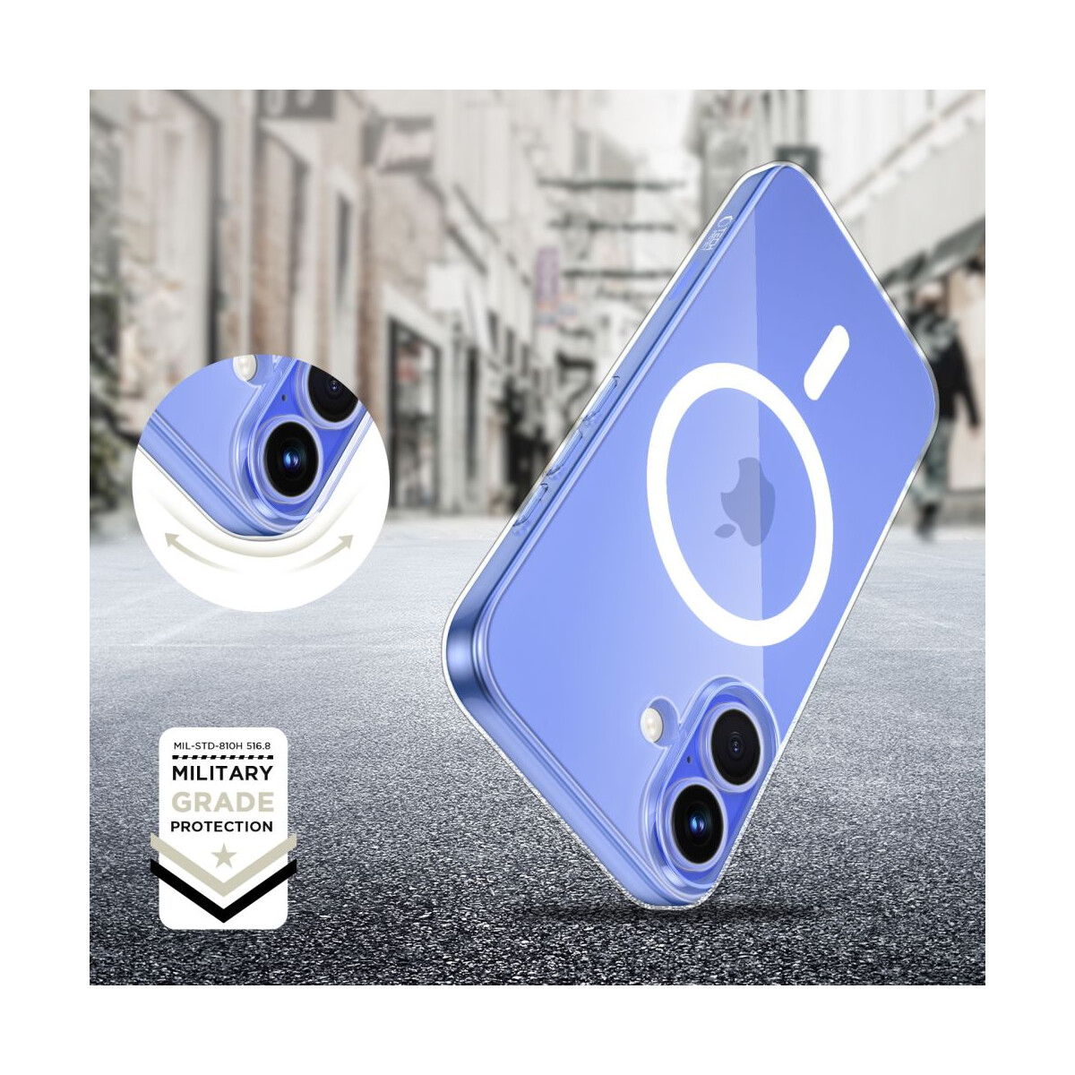 Transparente Handyhülle mit weißem Apple-Logo und Kreis. Die Hülle ist angewinkelt und zeigt die Kamera und Knöpfe.