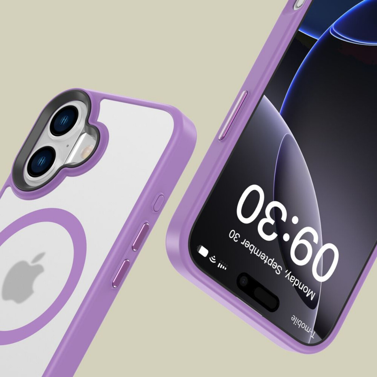 Zwei lilafarbene iPhone-Hüllen mit Telefonen darin. Eines zeigt die Uhrzeit 09:30 an. Apple-Logo sichtbar. Die Hüllen sind auf hellem Hintergrund.