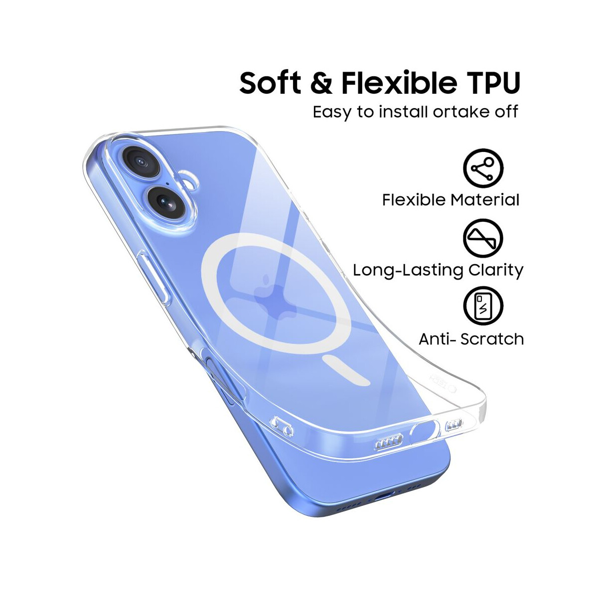 Gezeigtes klares Handycase, das angewinkelt ist, um seine Eigenschaften zu zeigen. Text hebt das weiche, flexible TPU-Material hervor.