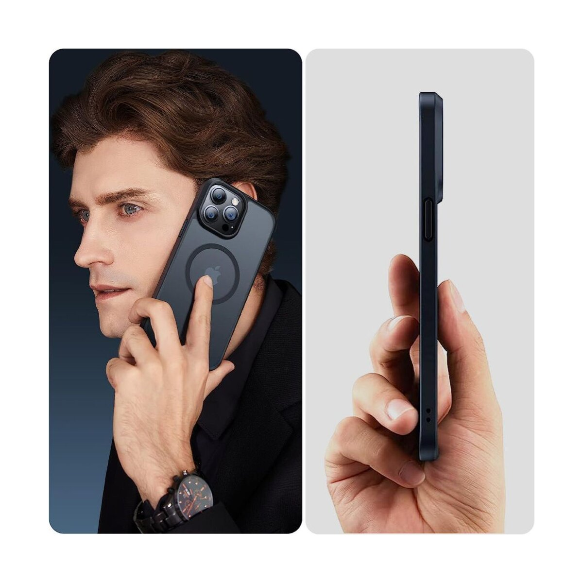 Ein Mann hält ein Telefon mit Hülle an sein Ohr. Die rechte Seite zeigt eine Hand, die die Handyhülle hält. Dunkelblauer Hintergrund.