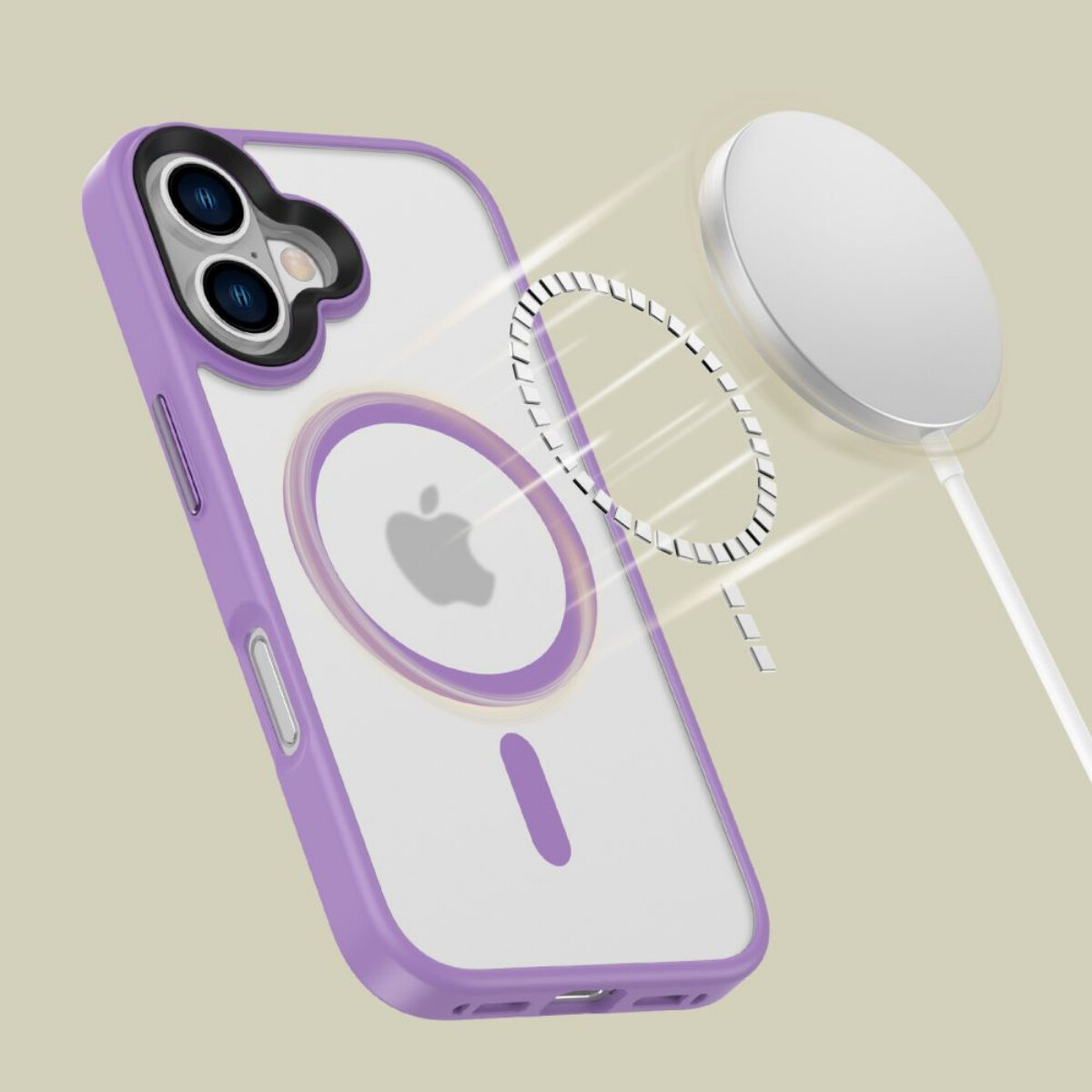 Ein lila iPhone-Case mit einem magnetischen Ladegerät. Das Case zeigt das Apple-Logo. Das Ladegerät ist mit einem weißen Kabel verbunden.