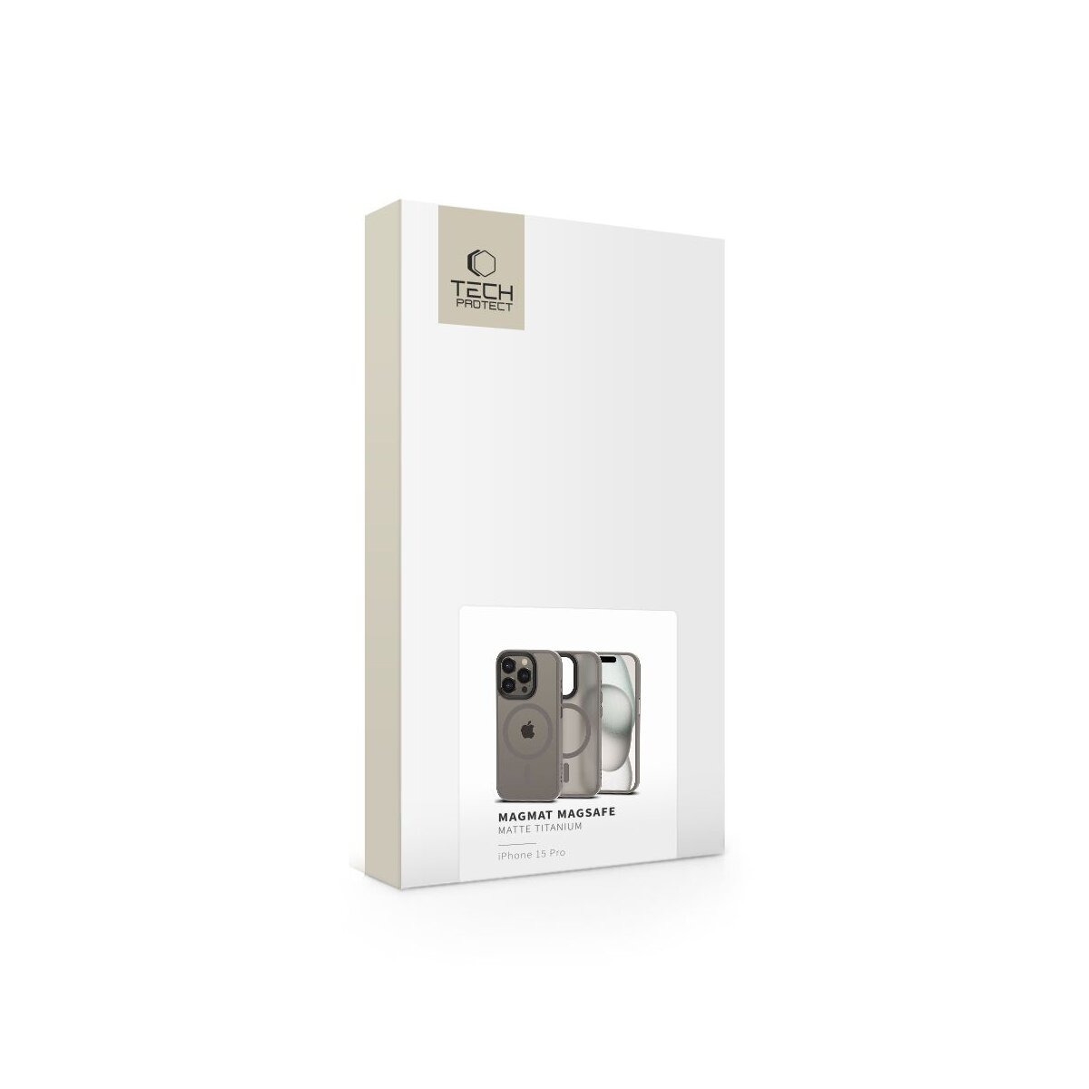 Una scatola bianca con un'illustrazione di custodia per telefono. Logo 'Tech Protect' in alto. 'Magmat Magsafe Matte Titanium' scritto sotto.