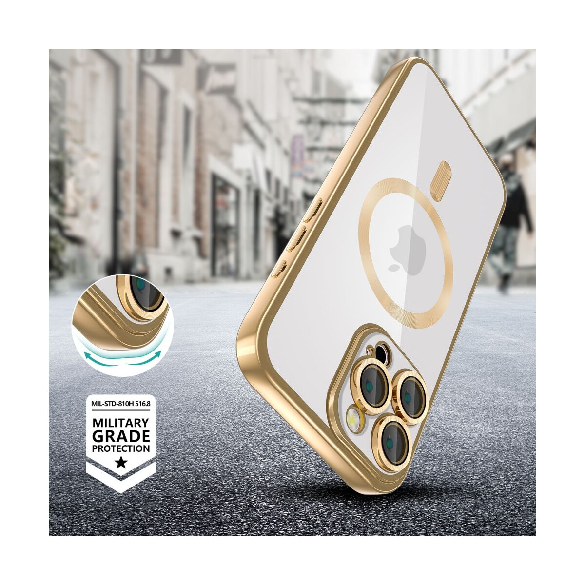 Goldene iPhone-Hülle. Klare Rückseite mit goldenem Rahmen. Enthält einen goldenen Ring zum kabellosen Laden. Etikett für militärischen Schutz.