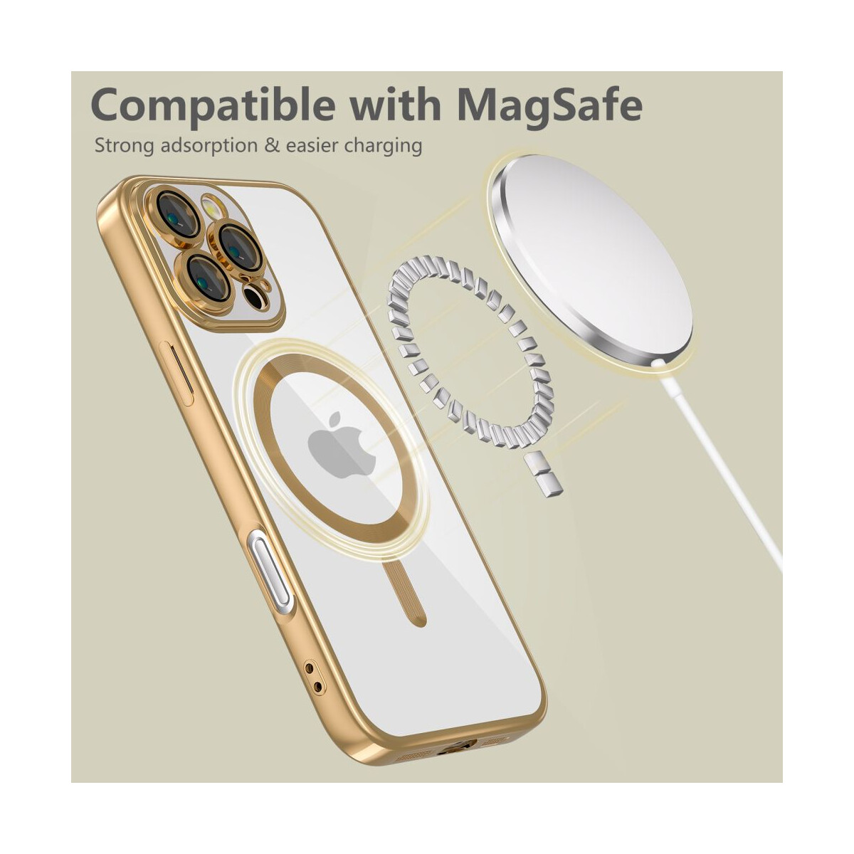Ein goldgerahmtes iPhone-Case mit MagSafe wird mit einem kabellosen Ladegerät gezeigt. Der Text Kompatibel mit MagSafe steht oben.