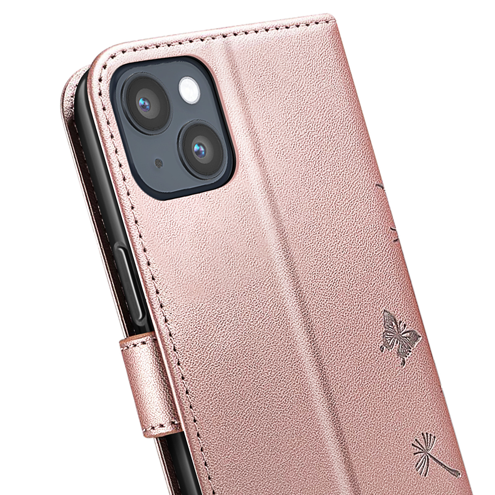 Una custodia per telefono color oro rosa con disegni di farfalle e piante. La fotocamera del telefono è visibile.
