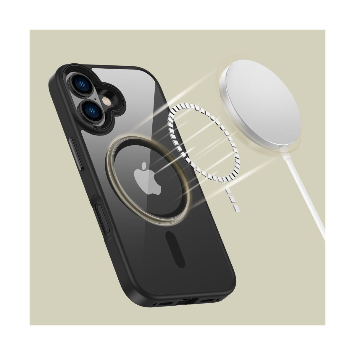 Schwarze Handyhülle mit weißem MagSafe-Ladegerät. Die Handyhülle hat einen MagSafe-Ring und ein Apple-Logo. Weißes Kabel.