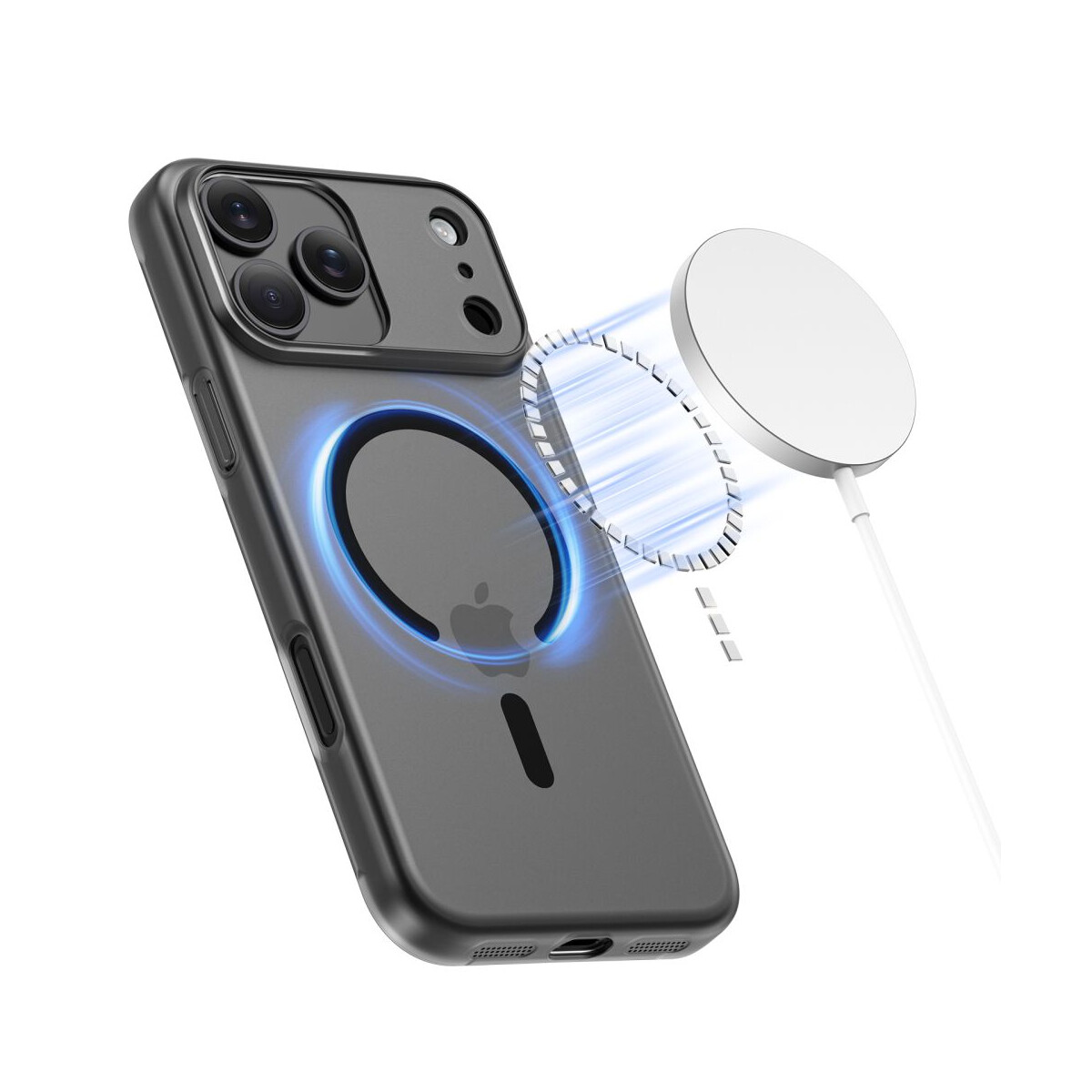 Ein graues Telefon mit Hülle, ein weißes Ladegerät ist angebracht. Das Telefon hat eine Kameraausbuchtung und ein Apple-Logo. Blaues Licht umgibt das Telefon.