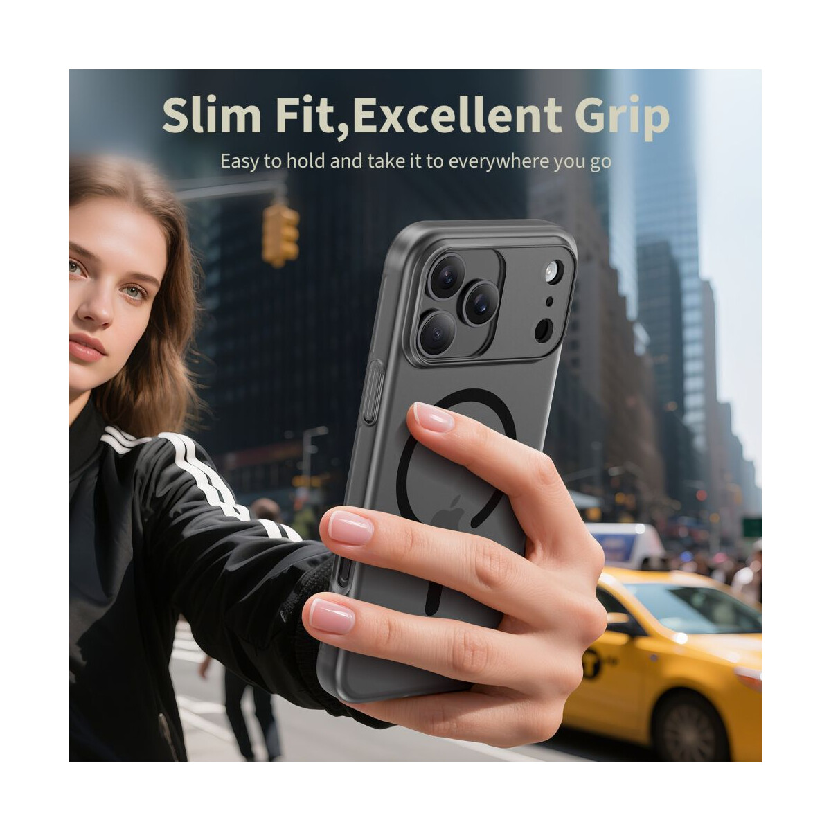 Eine Frau hält ein Telefon in einer durchsichtigen Hülle. Im Hintergrund ist ein gelbes Taxi zu sehen. Der Text lautet: Slim Fit, Excellent Grip.