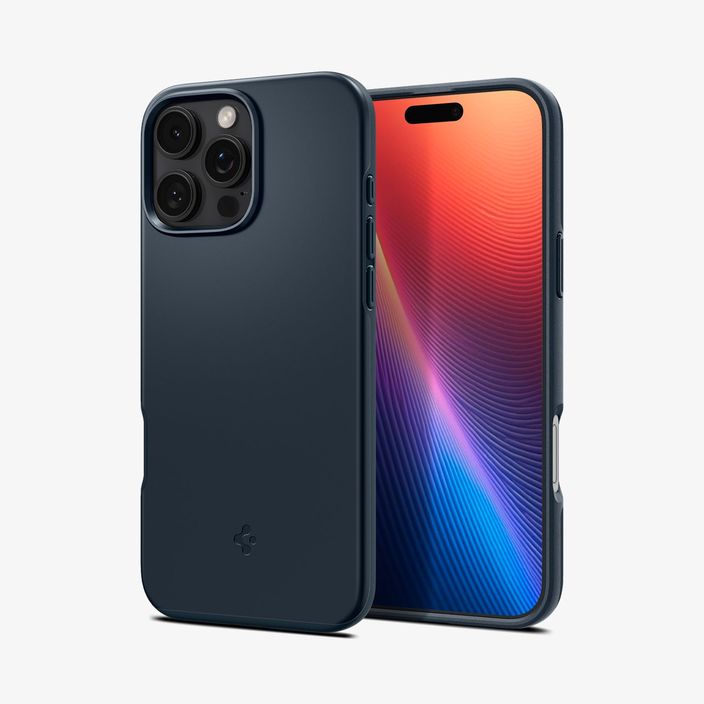 Eine marineblaue Handyhülle und ein Handy mit farbenfrohem Bildschirm werden gezeigt. Die Hülle hat Kameraausschnitte und ein Logo.