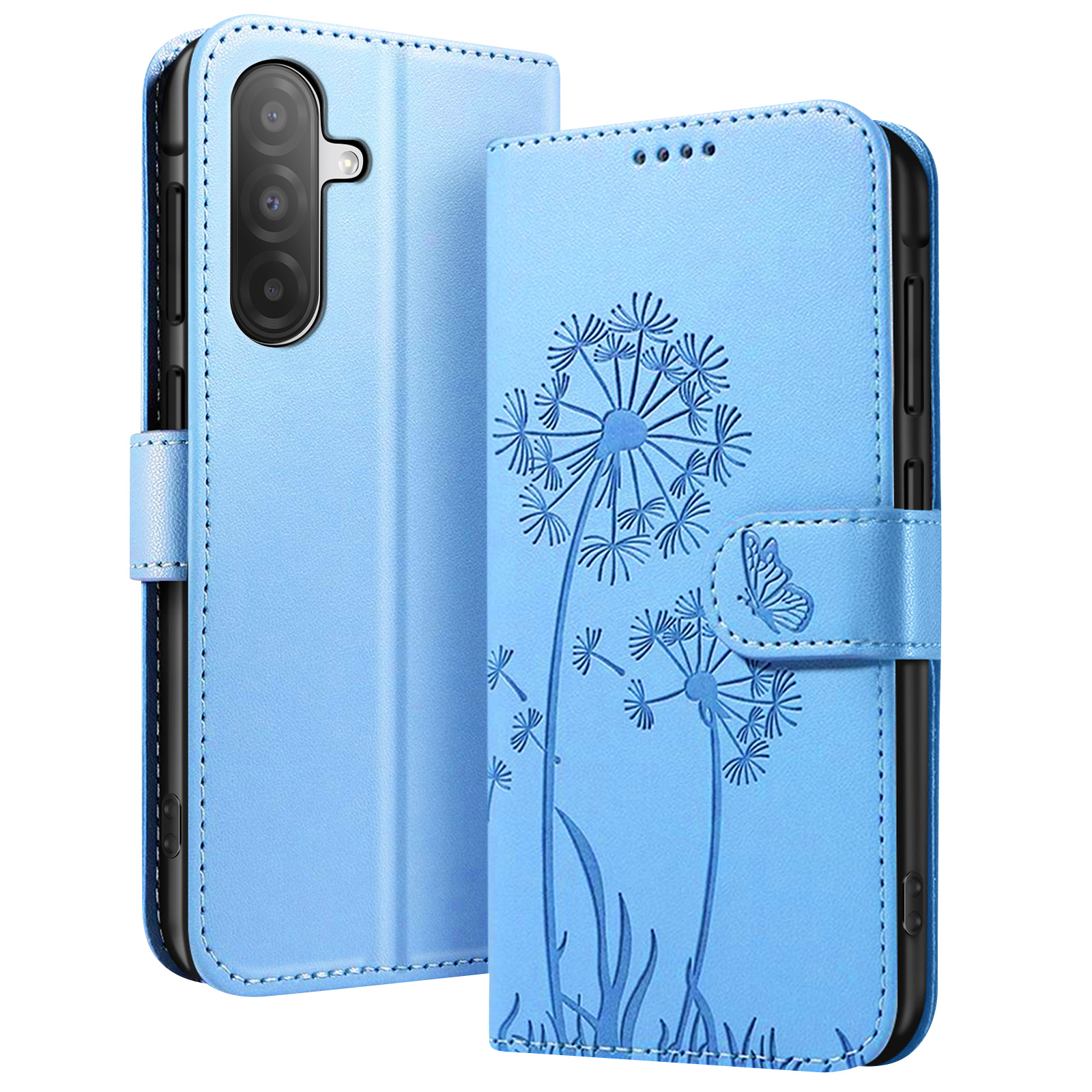 Eine hellblaue Handyhülle mit einem Pusteblumen-Design und einem Schmetterling. Sie hat einen Magnetverschluss.