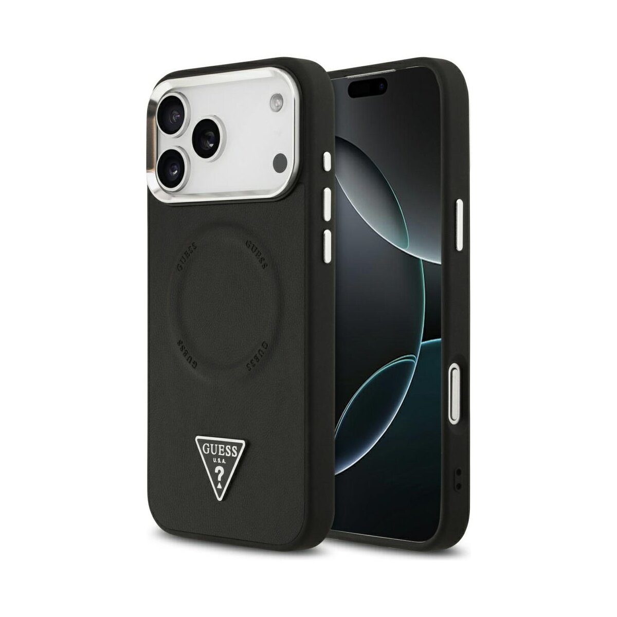 Ein schwarzes iPhone mit einer Guess-Hülle. Die Hülle hat einen silbernen Kamerarahmen und das Guess-Logo. Der Bildschirm ist schwarz.