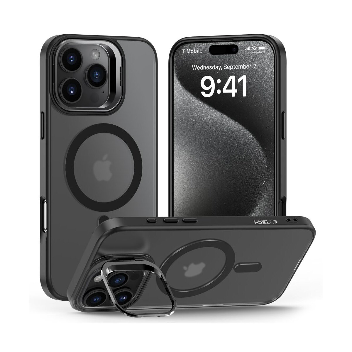 Drei iPhones in Schutzhüllen. Zwei haben sichtbare Kameraanordnungen. Ein Telefon zeigt die Uhrzeit 9:41. Alle befinden sich auf einer weißen Oberfläche.
