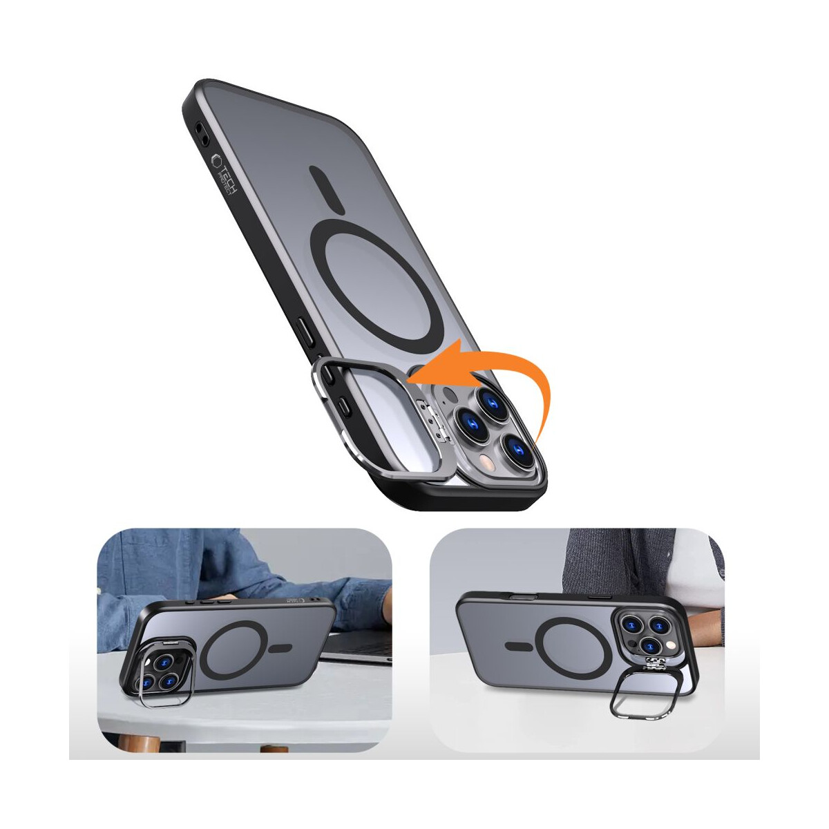 Eine Handyhülle mit Magnetring, in mehreren Ansichten gezeigt. Die Hülle ist grau mit schwarzem Rand. Ein orangefarbener Pfeil zeigt das Öffnen an.