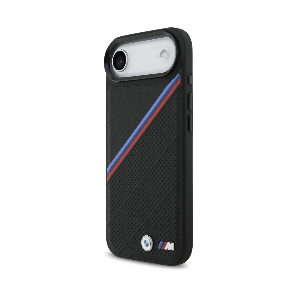 Custodia per telefono nera con strisce blu e rosse e logo BMW. La custodia ha un ritaglio per la fotocamera, piccoli fori e si trova su sfondo bianco.