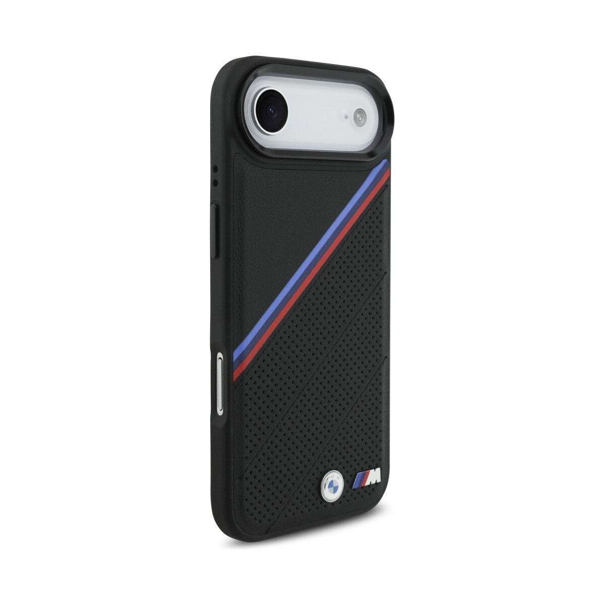 Custodia per telefono nera con logo BMW e striscia rossa e blu. Ha un ritaglio per la fotocamera e piccoli fori sul retro.