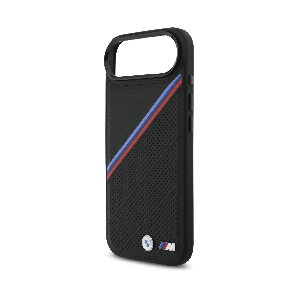 Custodia nera per telefono con strisce blu e rosse. Ha un logo BMW in basso.