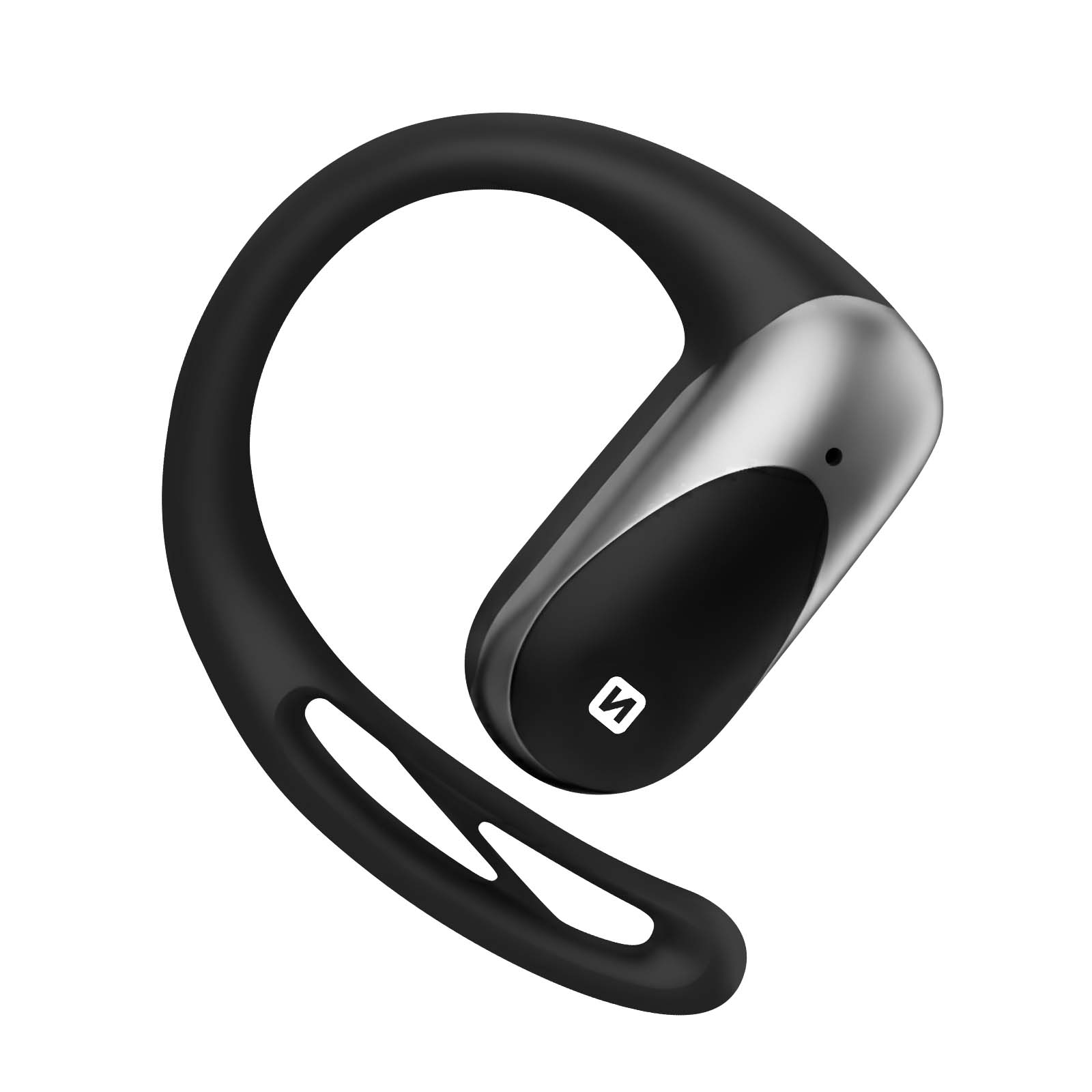 Auricolare nero e argento. Ha un design curvo con una sezione argentata e il logo del marchio. Sfondo bianco.