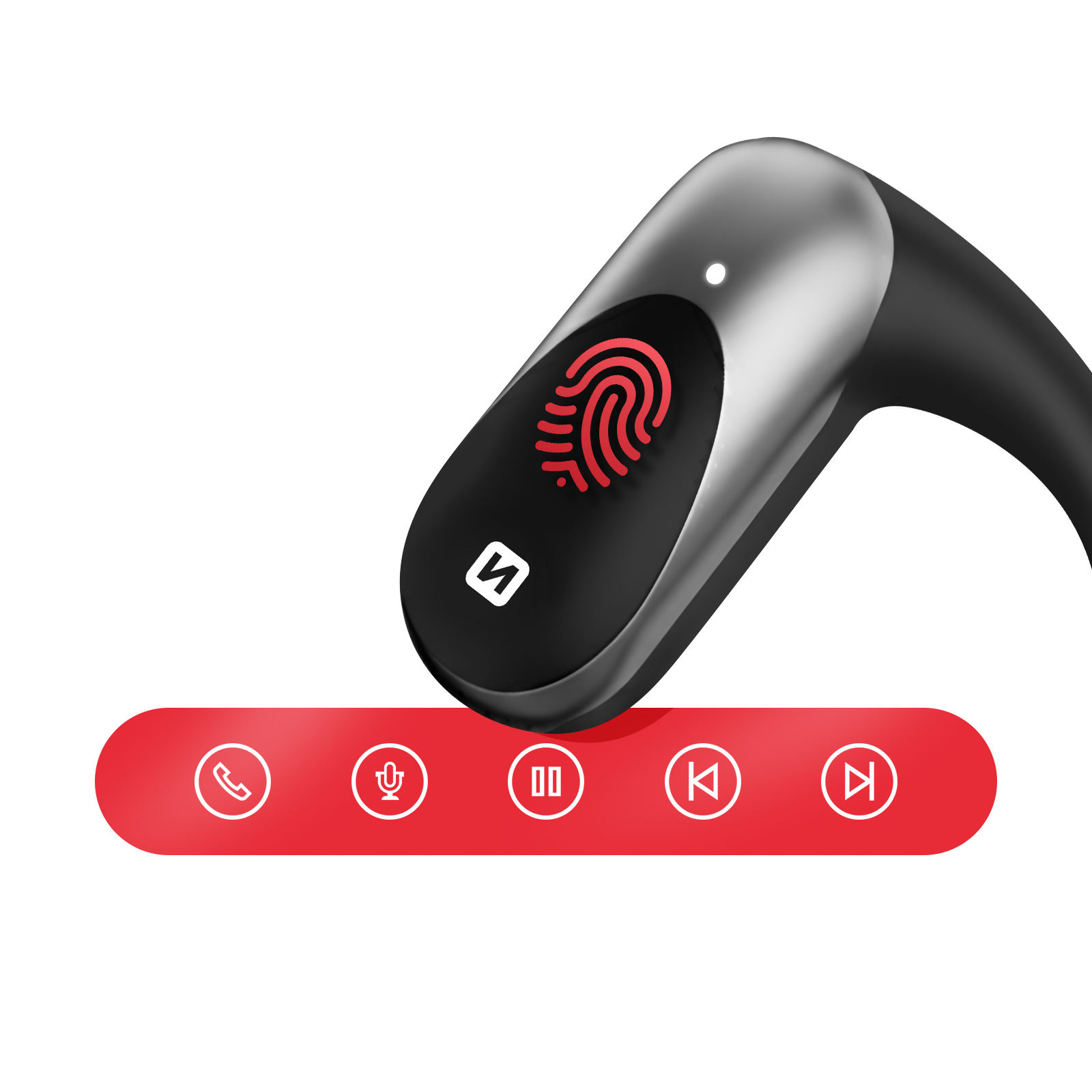 Auricolare nero e argento con icona impronta digitale rossa e barra rossa con icone di controllo su sfondo bianco.