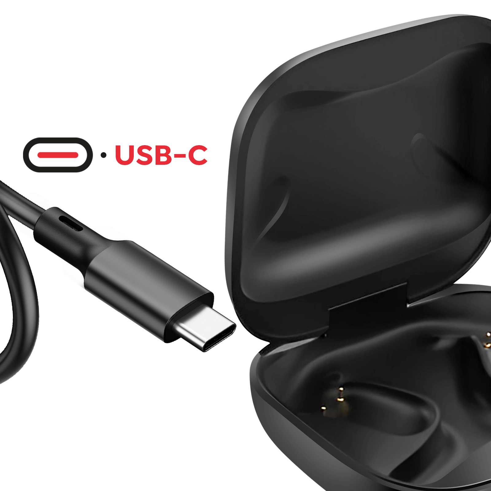 Una custodia di ricarica nera è aperta, accanto a un cavo USB-C nero. Il testo USB-C è rosso. Sfondo bianco.