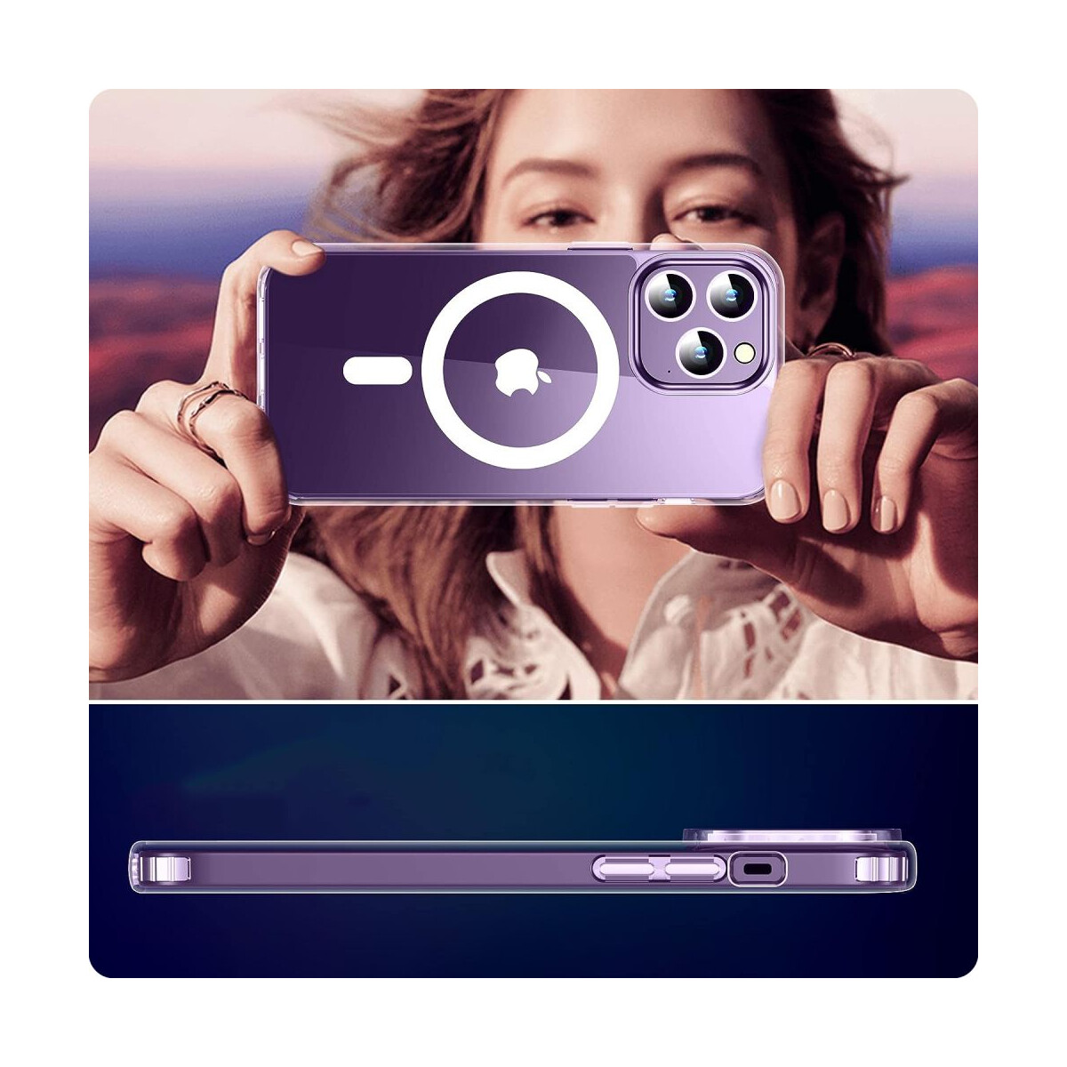 Eine Frau hält eine lila iPhone-Hülle mit einem weißen Kreis und Apple-Logo. Die Hülle ist transparent. Unten ist eine Seitenansicht der Hülle.