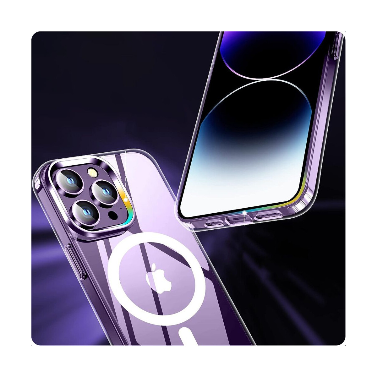 Zwei transparente Handyhüllen, eine mit Apple-Logo, zeigen das Telefondesign mit einem lila Farbverlauf im Hintergrund.