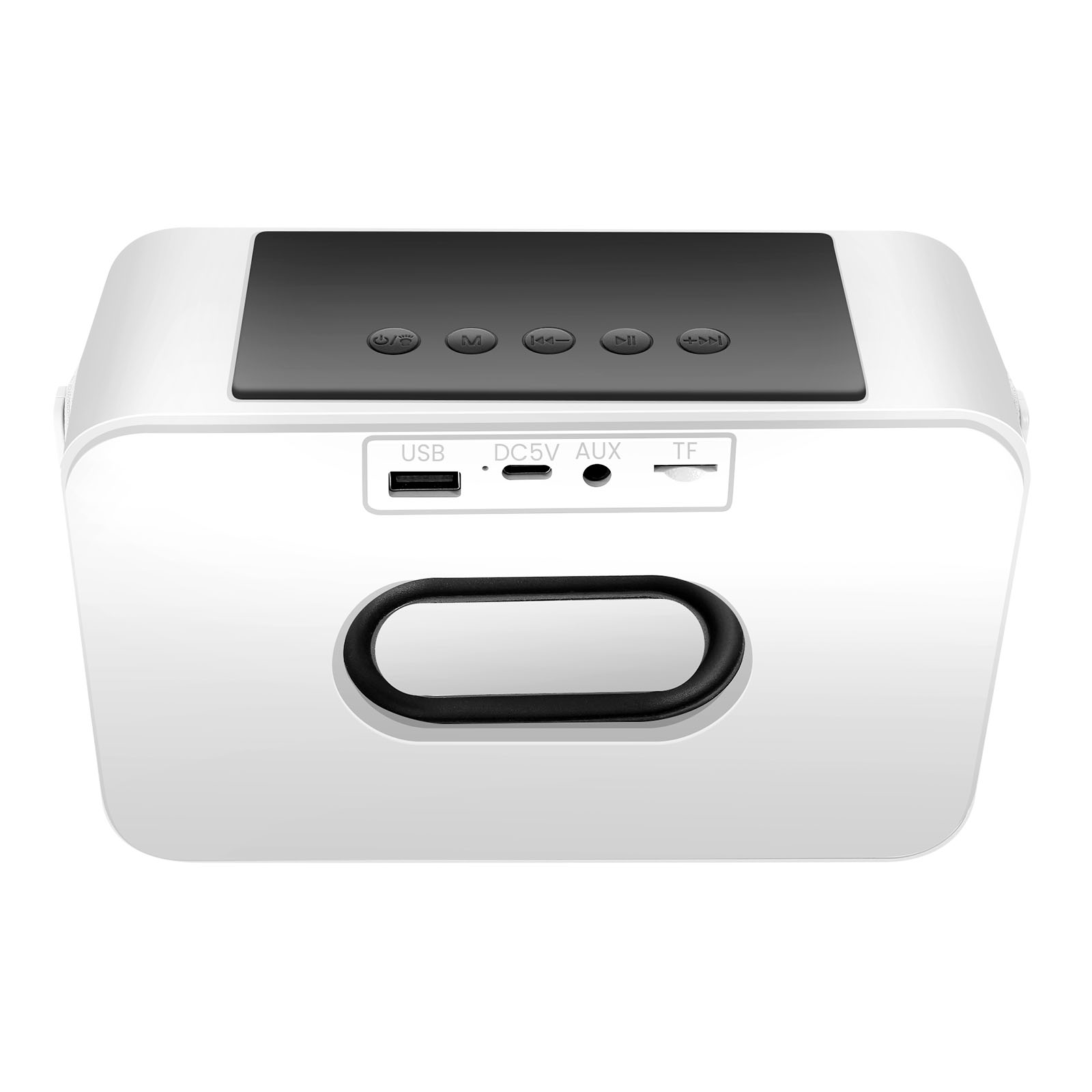 Haut-parleur blanc avec dessus noir, boutons et poignée. Ports USB, AUX et TF visibles.