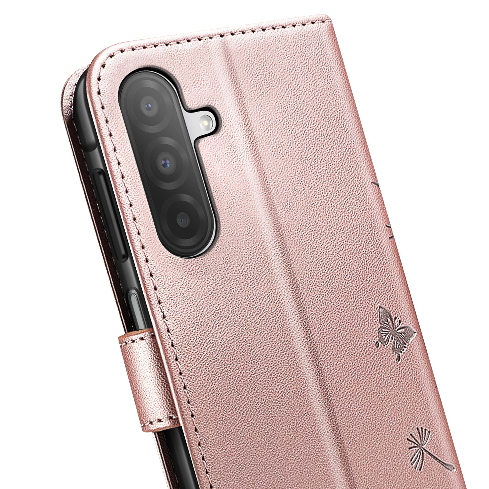 Una custodia per telefono oro rosa con fotocamera visibile. La custodia ha un design a farfalla e pianta.