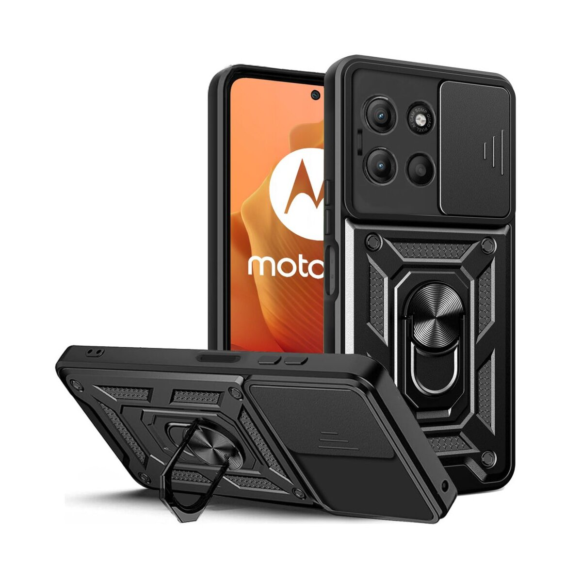 Schwarze Handyhülle mit Ringhalter und Handy mit Moto-Logo.