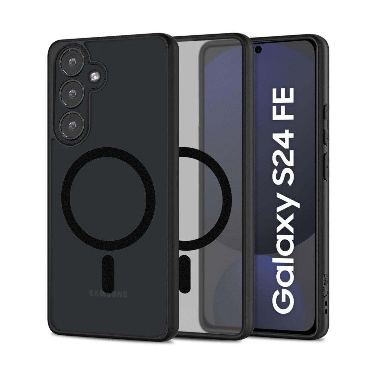Schwarze Handyhülle mit Kameraausschnitten und kreisförmigem Magnetanschluss, neben einem Handybildschirm mit Galaxy S24 FE.