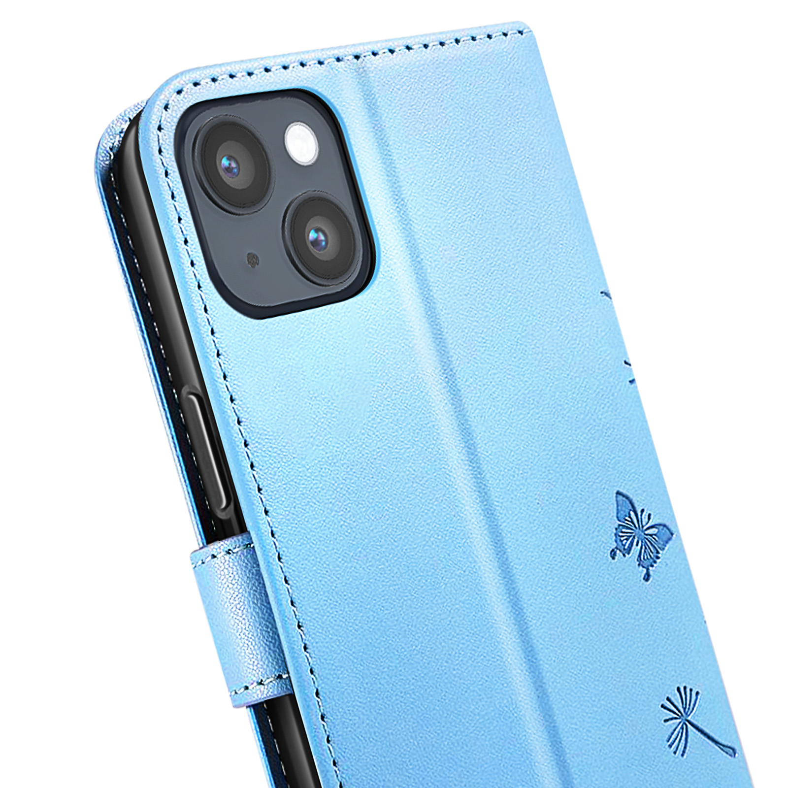 Custodia per telefono blu chiaro con disegni di farfalle e fiori. Ha un ritaglio per la fotocamera e un bordo cucito.