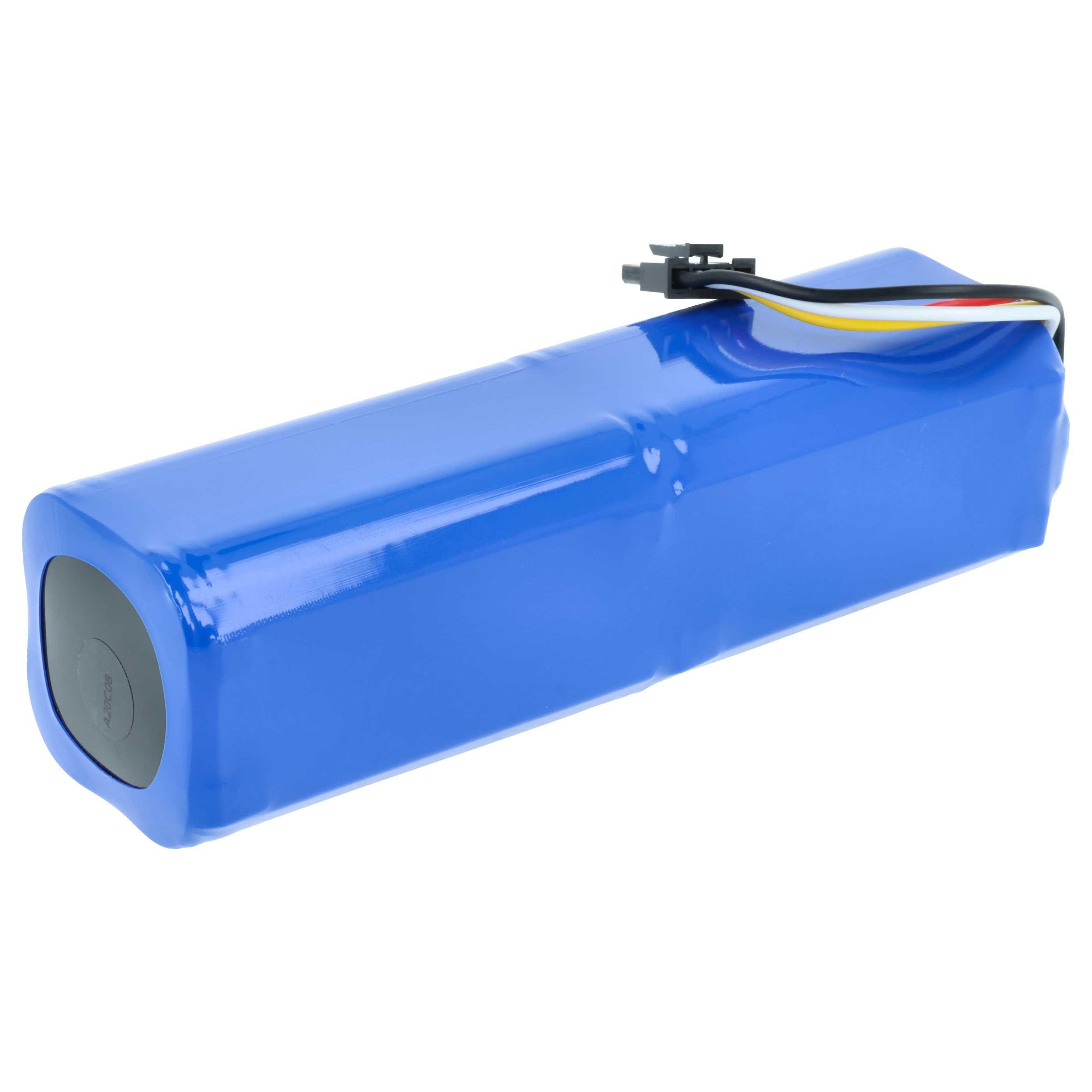 Ein blauer Akku mit schwarzem Stecker und farbigen Drähten ist auf weißem Hintergrund isoliert.
