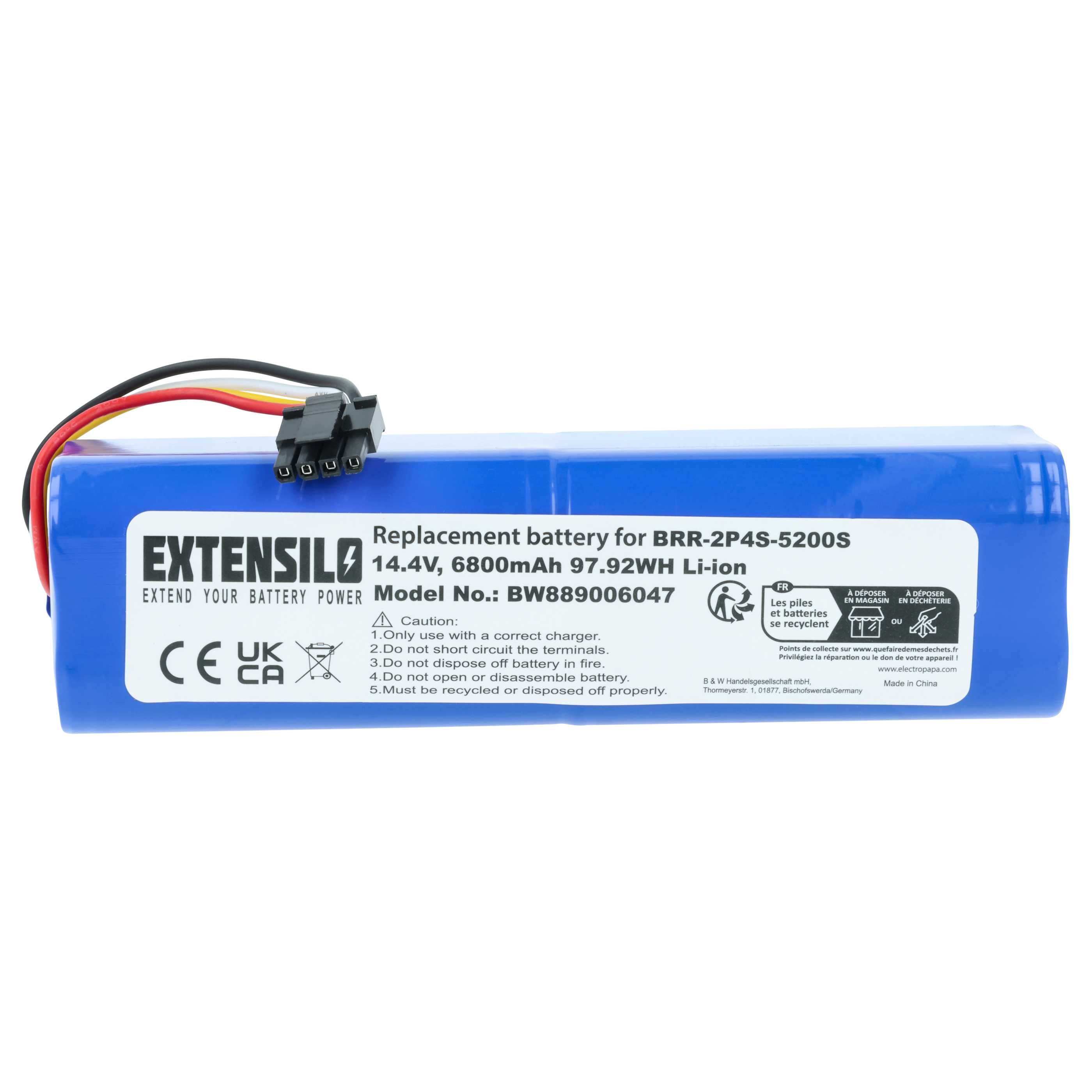 Blaue Extensilo-Batterie mit Drähten und Stecker. Text: Ersatzbatterie, 14,4 V, 6800 mAh. Warnhinweise sind ebenfalls sichtbar.