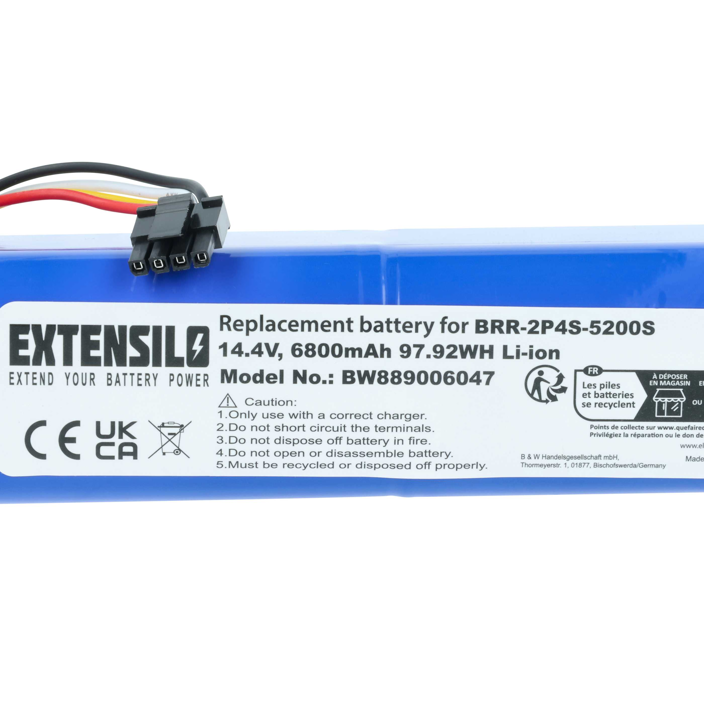 Blauer Akku mit Stecker und Etikett. Text enthält Modellnummer, Spannung und Recyclinghinweise.