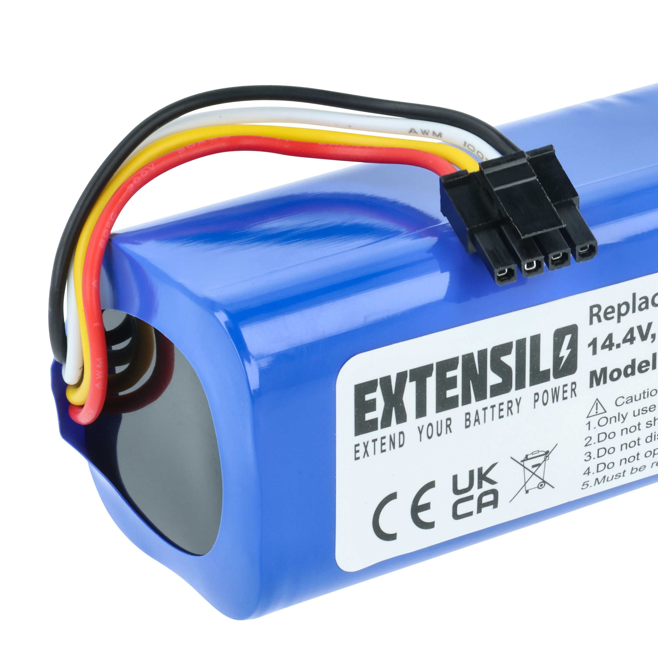 Ein blauer Akku mit schwarzem Stecker und farbigen Drähten. Auf dem Etikett steht Extensilo.
