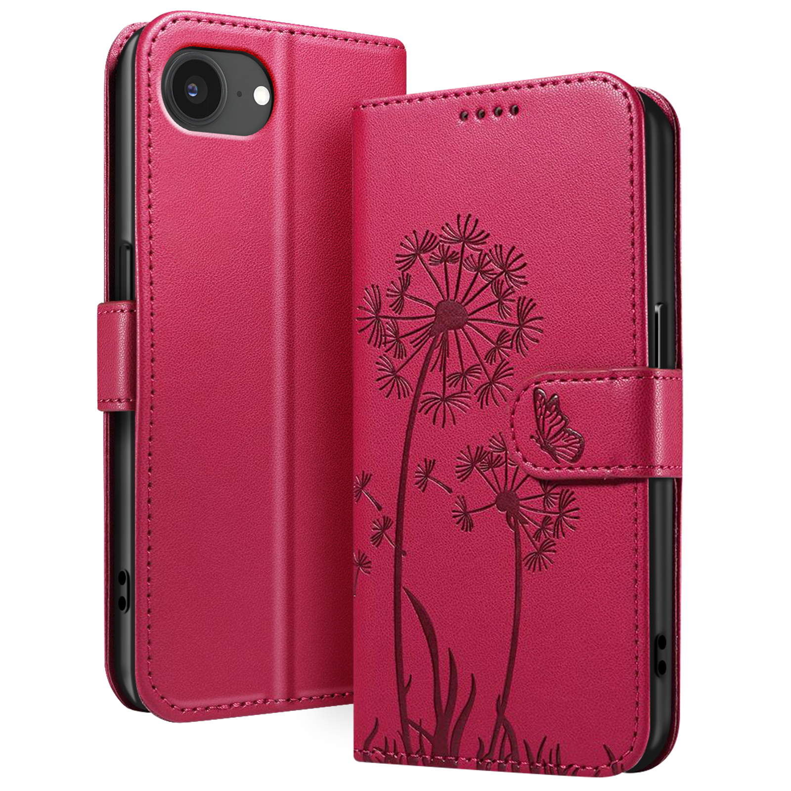 Una custodia rossa per telefono con un design a dente di leone e una farfalla. La custodia è aperta, mostrando la fotocamera e lo schermo del telefono.