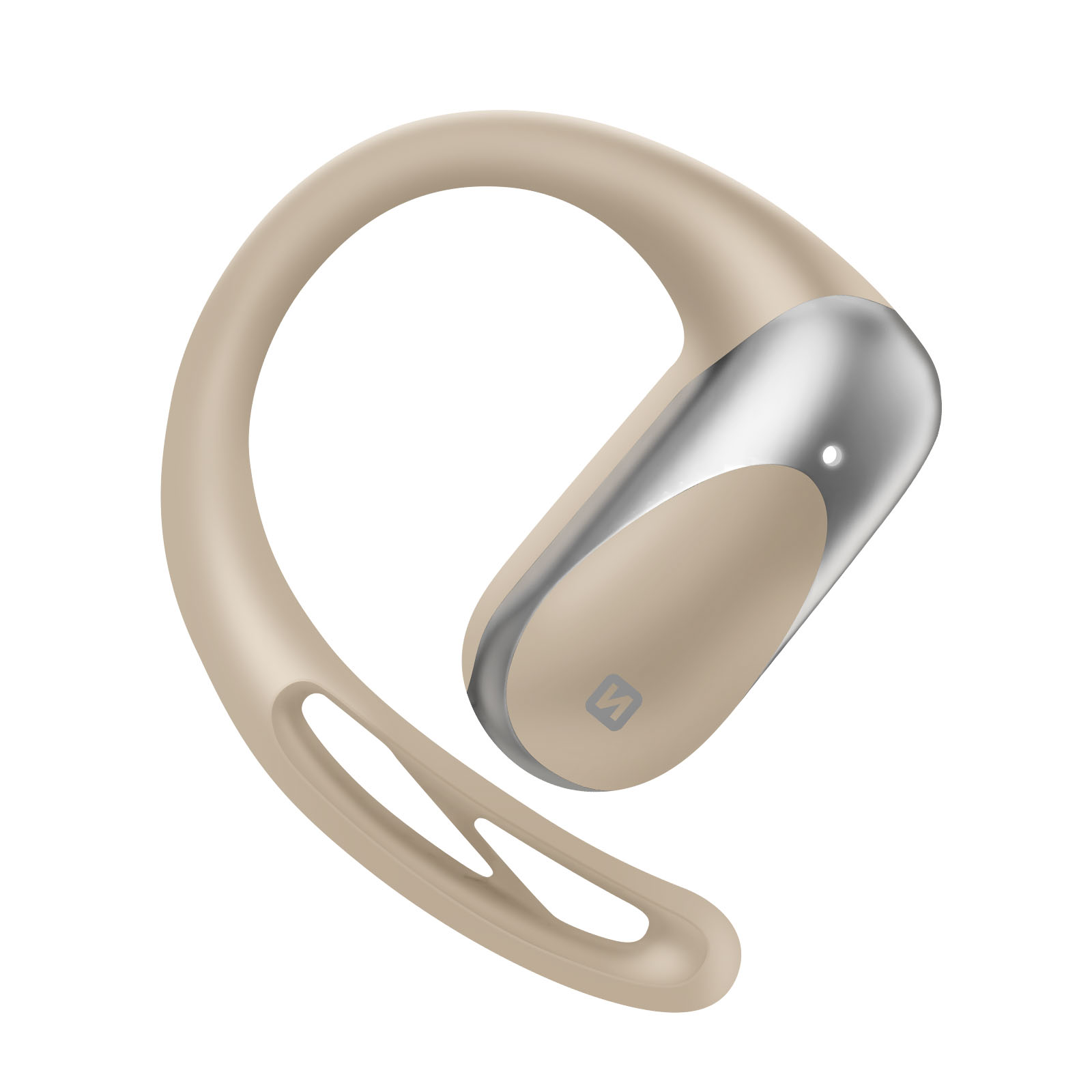 Un auricolare beige e argento. Ha un design curvo e un accento argentato sul corpo principale. Lo sfondo è bianco.
