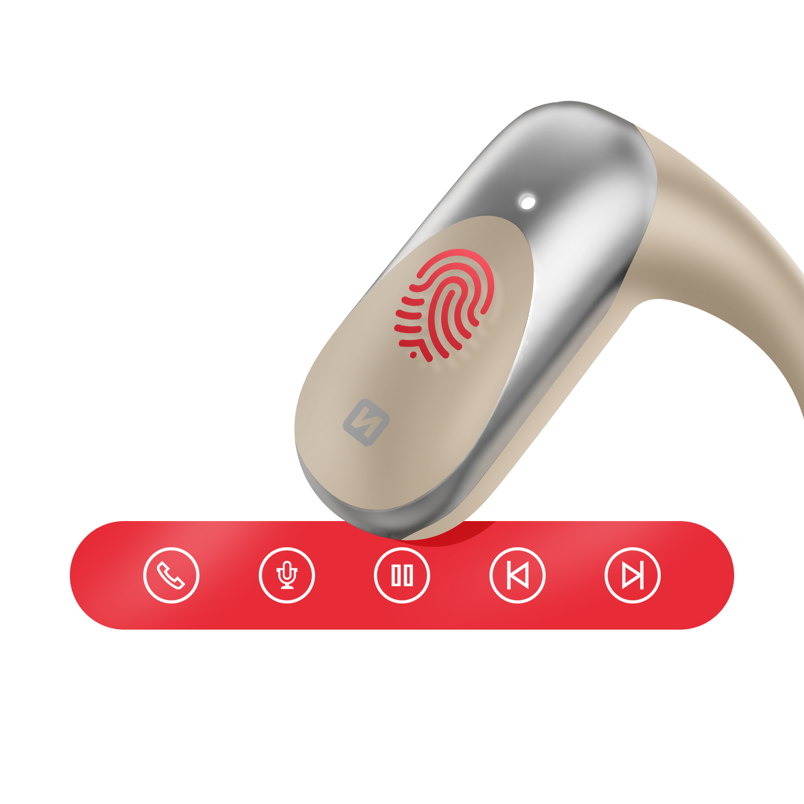 Auricolare con sensore di impronte digitali. Barra di controllo rossa con icone telefono, microfono, pausa, riavvolgimento e avanzamento.